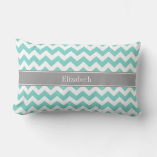 Coussin Rectangle Turq / Aqua Blanc Chevron Gris Monogramme Nom