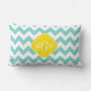 Coussin Rectangle Turq / Aqua Blanc Chevron Jaune 3 Monogramme Initi