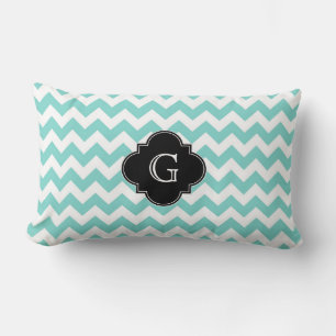 Coussin Rectangle Turq / Aqua Blanc Chevron Noir Quatrefeuilles Mono