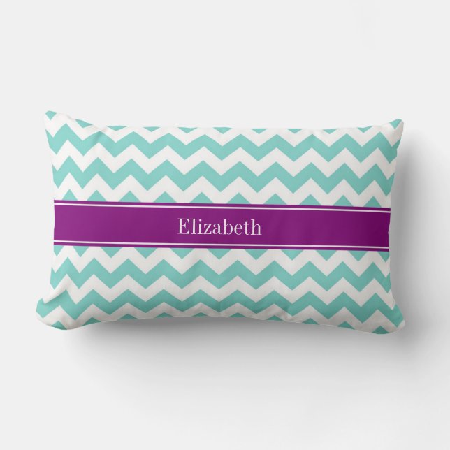 Coussin Rectangle Turq / Aqua Blanc Chevron Violet Monogramme Nom (Recto)