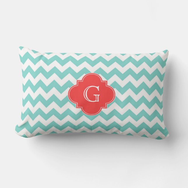 Coussin Rectangle Turq / Aqua Wht Chevron Coral Quatrefoil Monogramm (Recto)