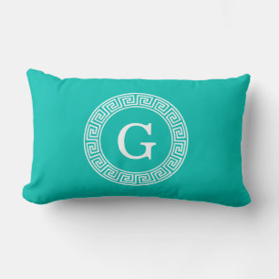 Coussin Rectangle Turquoise Blanc Clé grecque Cadre Ronde Monogramme