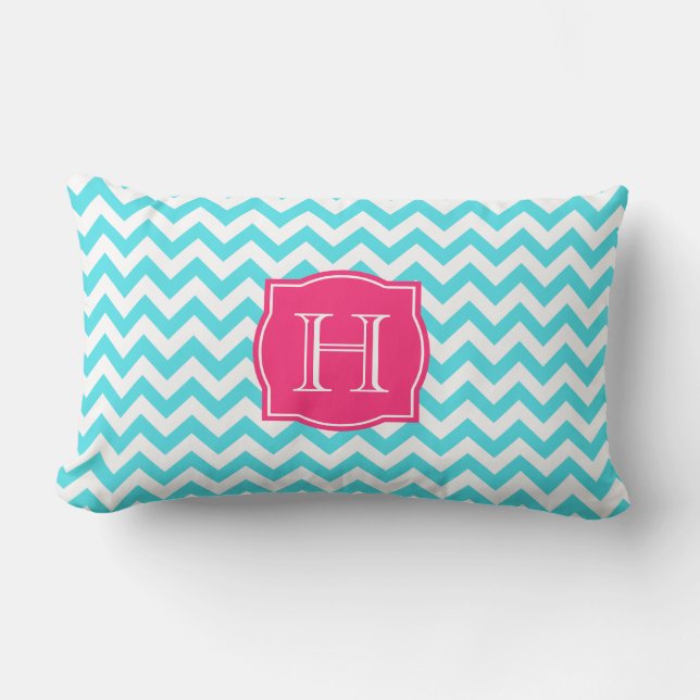 Coussin Rectangle Turquoise de zigzag et monogramme fait sur (Recto)