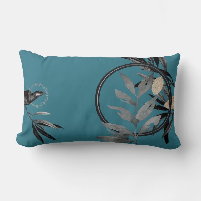 Coussin Rectangle Turquoise & Gris Feuilles d'aquarelle artistique (Recto)