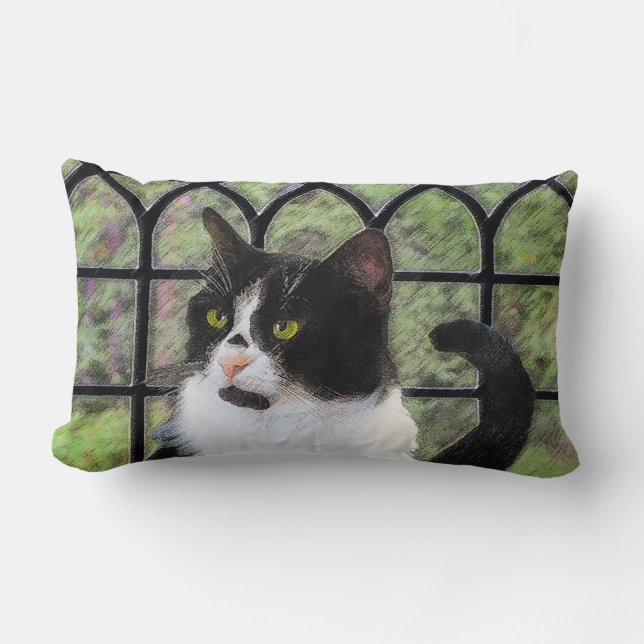 Coussin Rectangle Tuxedo Chat dans la peinture de fenêtre Art animal (Recto)