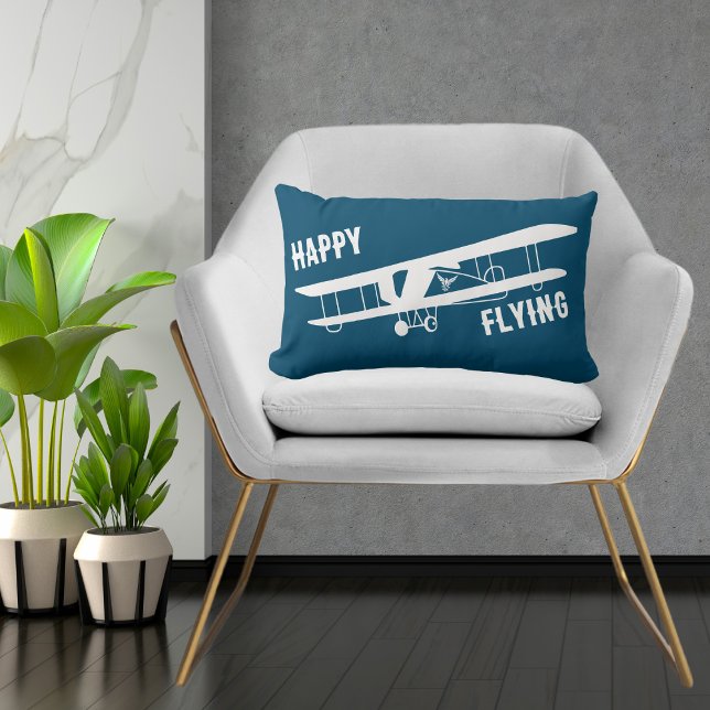 Coussin Rectangle Typographie et avion volant heureux, bleu, simple (Créateur téléchargé)