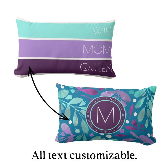 Coussin Rectangle Typographie moderne de la Fête des Mères et floral (Customizable Mother's Day pillow in aqua, lilac, and deep purple. Personalize with initial and text.)
