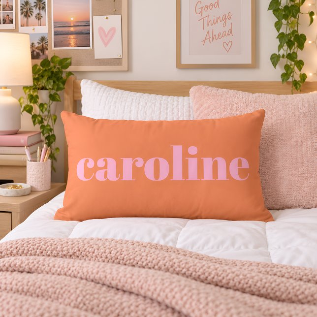 Coussin Rectangle Typographie moderne Nom personnalisé Rose Orange (Créateur téléchargé)
