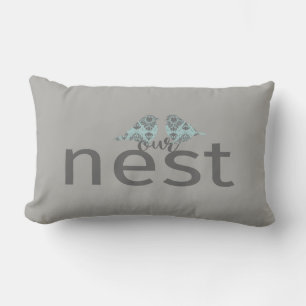 Coussin Rectangle Typographie "Notre nid" Inséparables gris et bleu