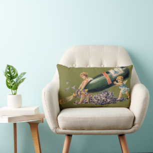 Coussin Rectangle Une Bonne Année, Anges Vintage avec Champagne