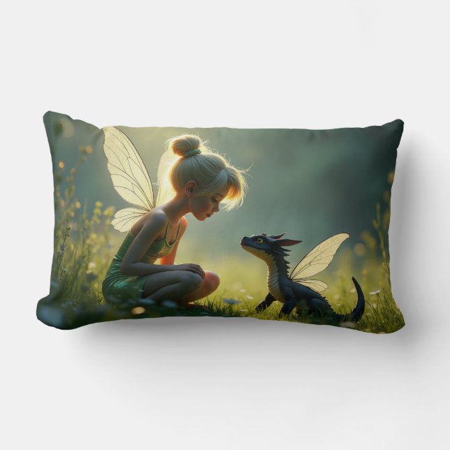 Coussin Rectangle Une fée entraîne son dragon (Recto)