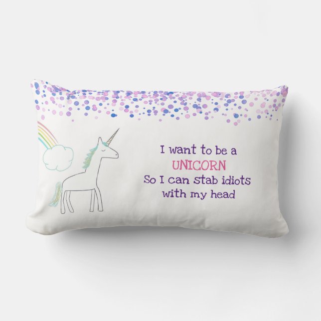 Coussin Rectangle Unicorne avec arc-en-ciel et Confetti Dire drôle (Recto)