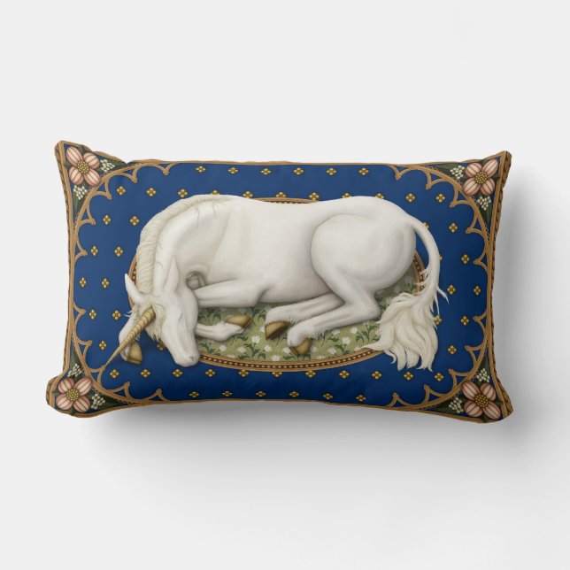 Coussin Rectangle Unicorne dormant sur un bleu profond floral (Recto)