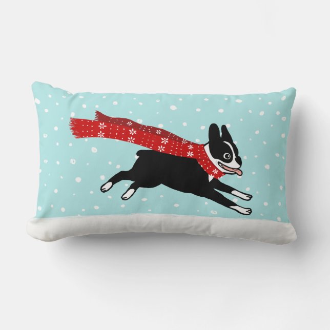 Coussin Rectangle Vacances d'hiver Boston Terrier utilisant (Recto)