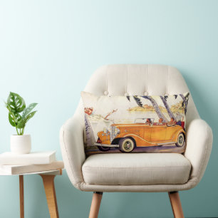 Coussin Rectangle Vacances en famille vintage dans une voiture décap