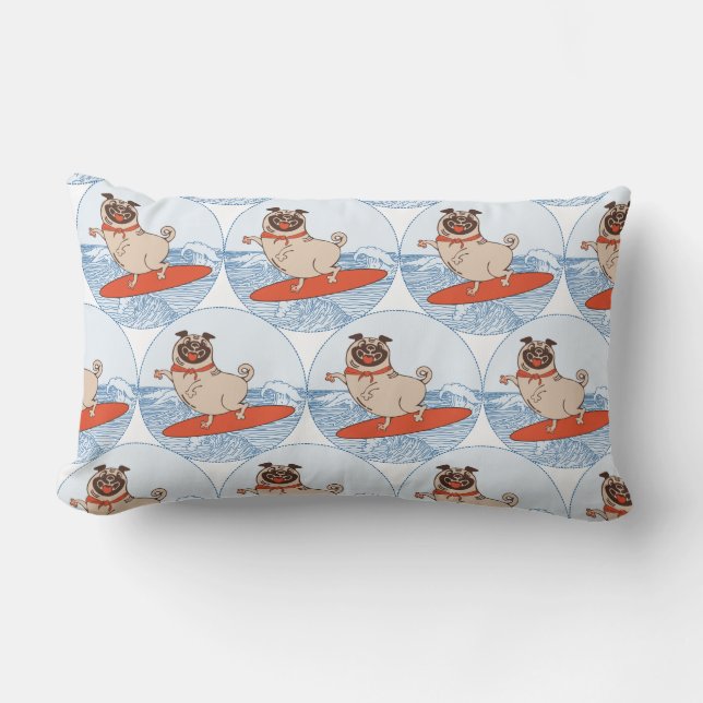 Coussin Rectangle Vague à cheval heureux chien carlin sur la planche (Recto)