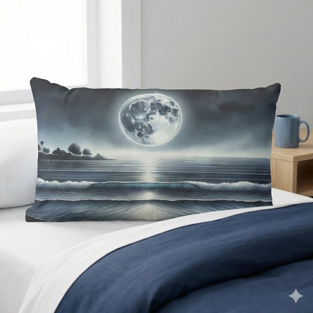 Coussin Rectangle Vagues océaniques éclairées par la lune Ciel noctu (Moonlit Ocean Waves Celestial Night Sky Lumbar Pillow Mockup A)