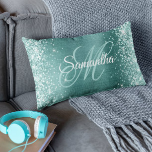 Coussin Rectangle Vert de mer Paillettes Aqua Turquoise Feuille Mono