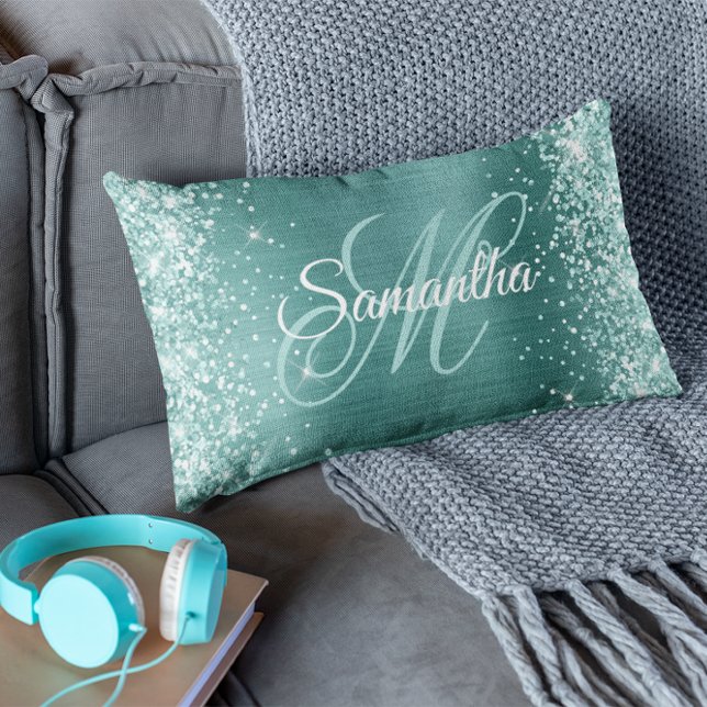 Coussin Rectangle Vert de mer Paillettes Aqua Turquoise Feuille Mono (Créateur téléchargé)
