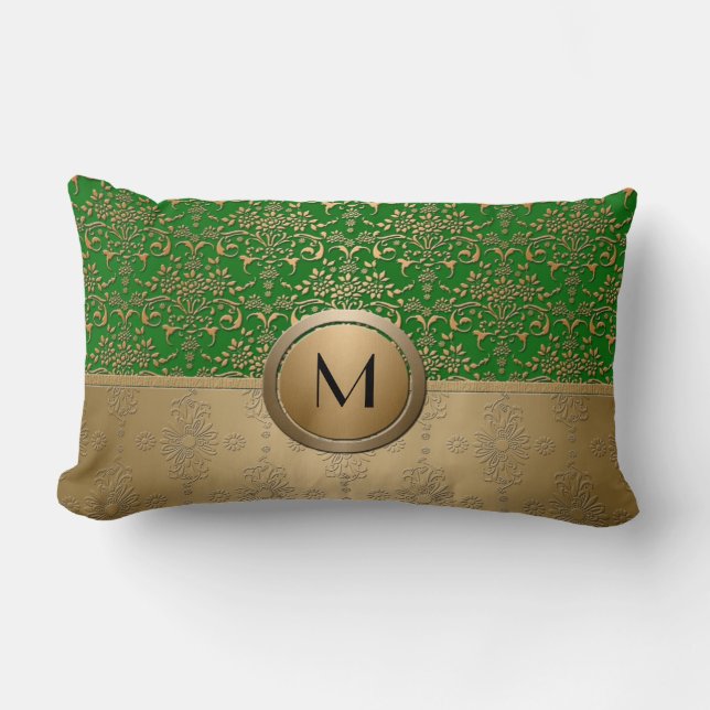 Coussin Rectangle Vert émeraude et or motif damassé à monogramme (Recto)