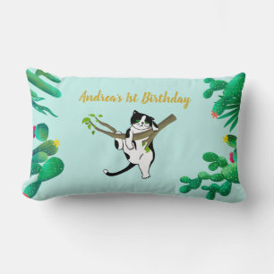 Coussin Rectangle Vert personnalisé 1er anniversaire Chat Vert Enfan