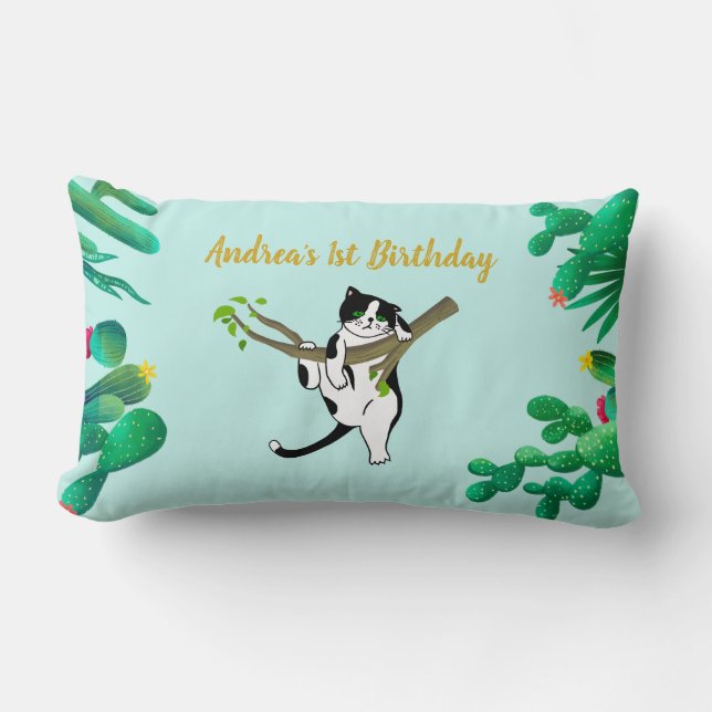 Coussin Rectangle Vert personnalisé 1er anniversaire Chat Vert Enfan (Recto)