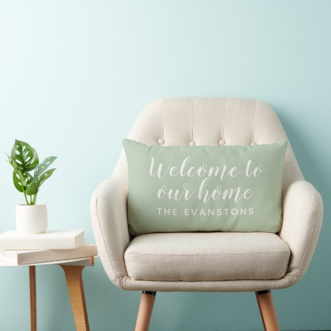 Coussin Rectangle Vert sauge écriture Bienvenue chez nous (Chaise)