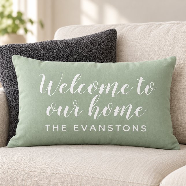 Coussin Rectangle Vert sauge écriture Bienvenue chez nous (Créateur téléchargé)