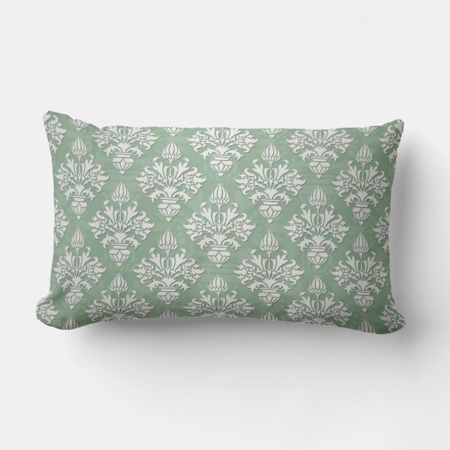 Coussin Rectangle Vert sauge et damas floral blanc (Recto)