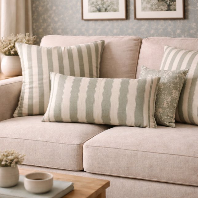 Coussin Rectangle Vert Sauge Rustique Neutre Rayure Maison de Campag (Créateur téléchargé)