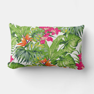 Coussin Rectangle Vert Tropical Feuilles rose Orange Fleurs Lumbar