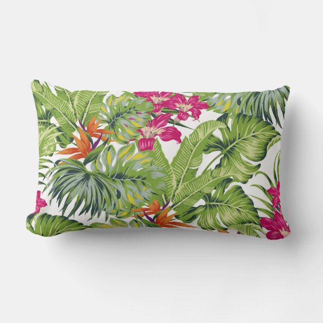Coussin Rectangle Vert Tropical Feuilles rose Orange Fleurs Lumbar (Recto)