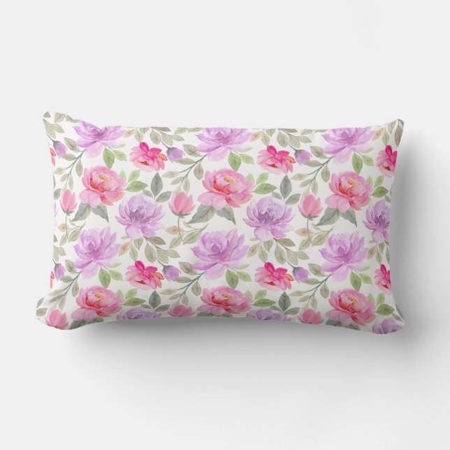Coussin Rectangle Vibe Printanier Frais : Dessin Floral Rose et Viol (Recto)