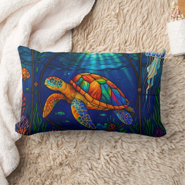 Coussin Rectangle Vibrant Stained Glass Sea Turtle Ocean Design (Couverture)