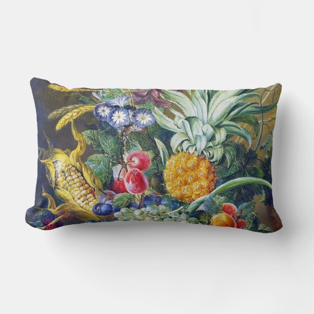 Coussin Rectangle Vie morte avec maïs, fruits et fleurs bleues (Recto)