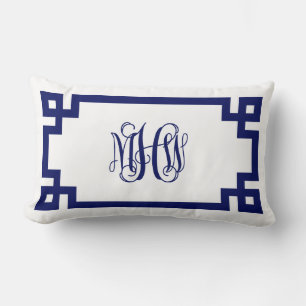 Coussin Rectangle Vigne clé grecque de la marine blanche Monogramme