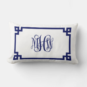 Coussin Rectangle Vigne clé grecque de la marine blanche Monogramme