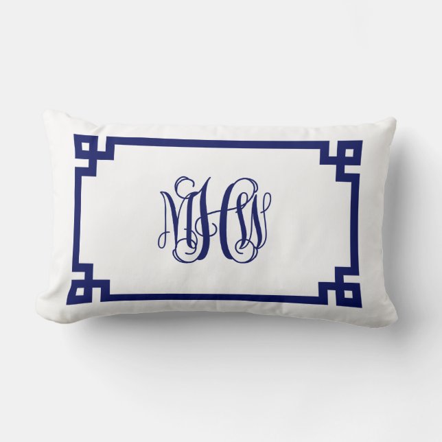 Coussin Rectangle Vigne clé grecque de la marine blanche Monogramme  (Recto)