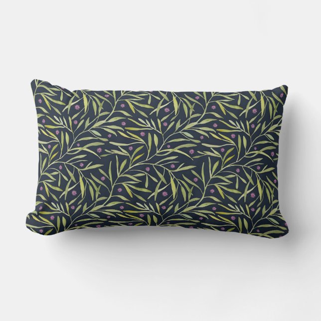 Coussin Rectangle Vignes feuillues vertes sereines avec fleurs roses (Recto)