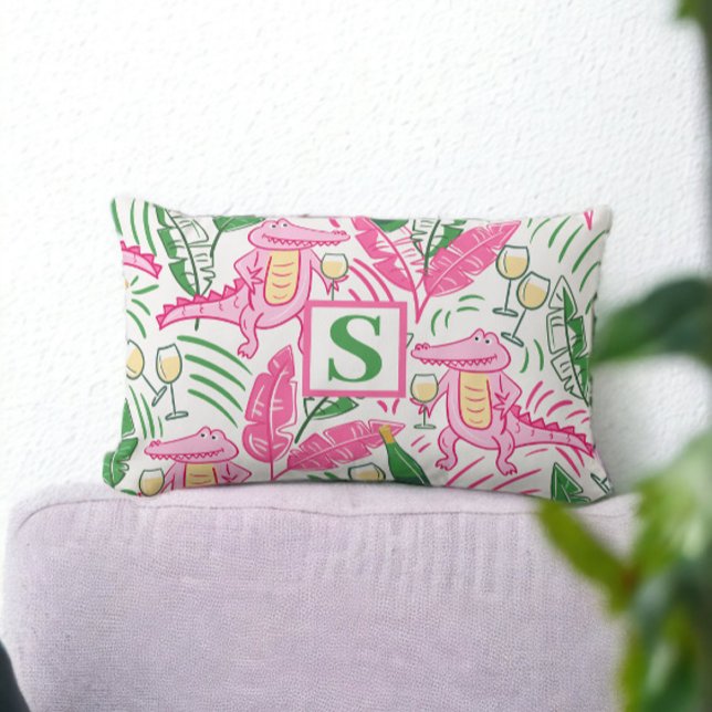 Coussin Rectangle Vin Alligator Pink Vert Monogramme Blanc (Créateur téléchargé)