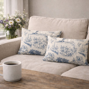 Coussin Rectangle Vintage Campagne Française "Toile de Jouy Bleue"