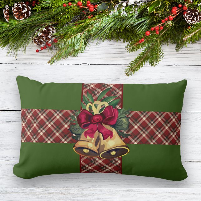 Coussin Rectangle Vintage Christmas Bell Green Plaid Ribbon (Créateur téléchargé)