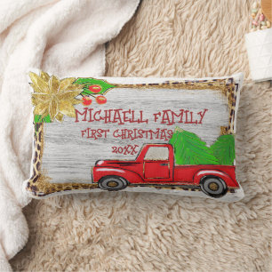 Coussin Rectangle Vintage Noël Arbre Rouge Camion Coussin, Rétro