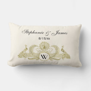 Coussin Rectangle Vintage Paons Monogramme Ivoire Or Faux BG