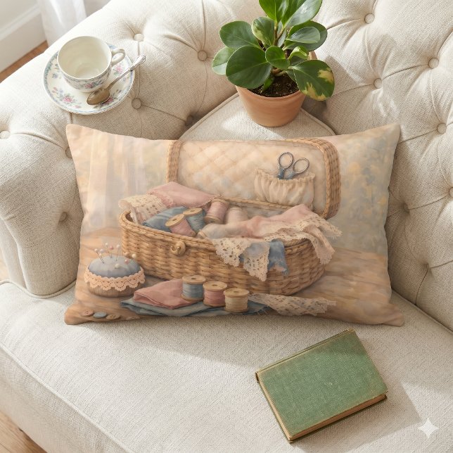 Coussin Rectangle Vintage Sewing Basket Cottagecore Pastel (Vintage Sewing Basket Cottagecore Pastel Lumbar Pillow)