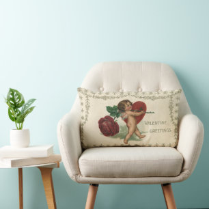 Coussin Rectangle Vintage Victorian Valentine Cherub, Rose et coeur