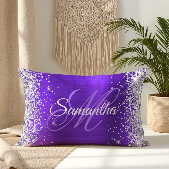 Coussin Rectangle Violet Indigo Pailleté Argent Monogramme Fantaisie (Silver Glitter Violet Indigo Foil Fancy Monogram Lumbar Pillow)