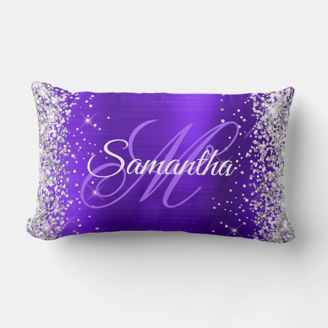 Coussin Rectangle Violet Indigo Pailleté Argent Monogramme Fantaisie (Recto)