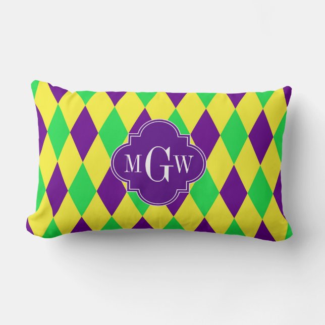 Coussin Rectangle Violet Jaune Vert Harlequin Pourpre Quat 3 Monogra (Recto)