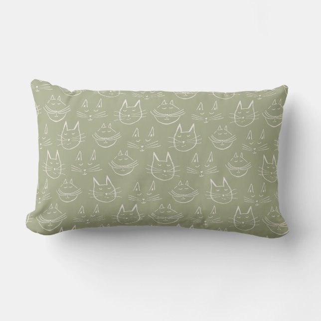 Coussin Rectangle Visage de chat Illustration Sage Green (Recto)